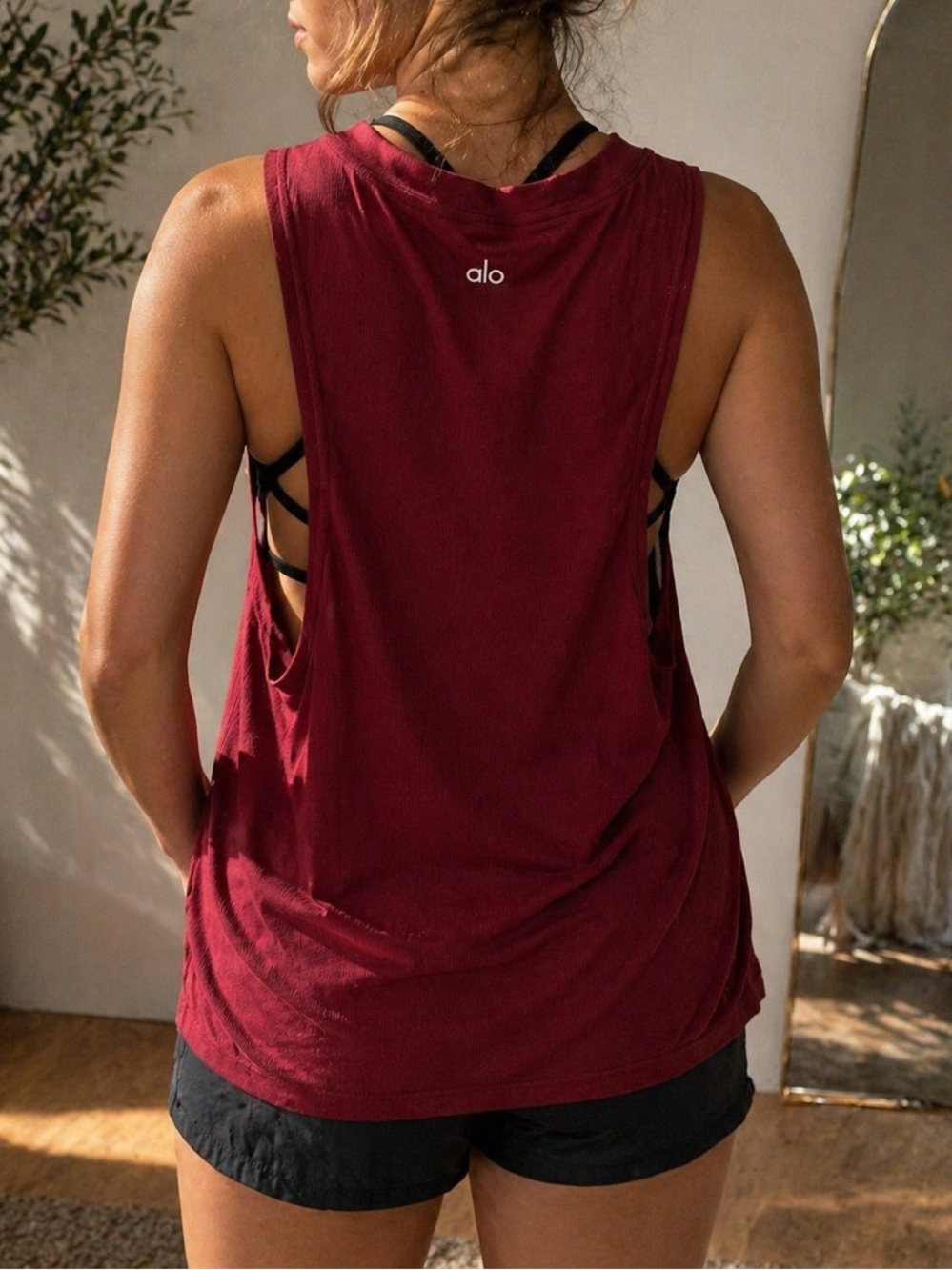 Alo Yoga Ribbed Open Side Draped Tank Deep Red Maroon No Size Tag Est Medium